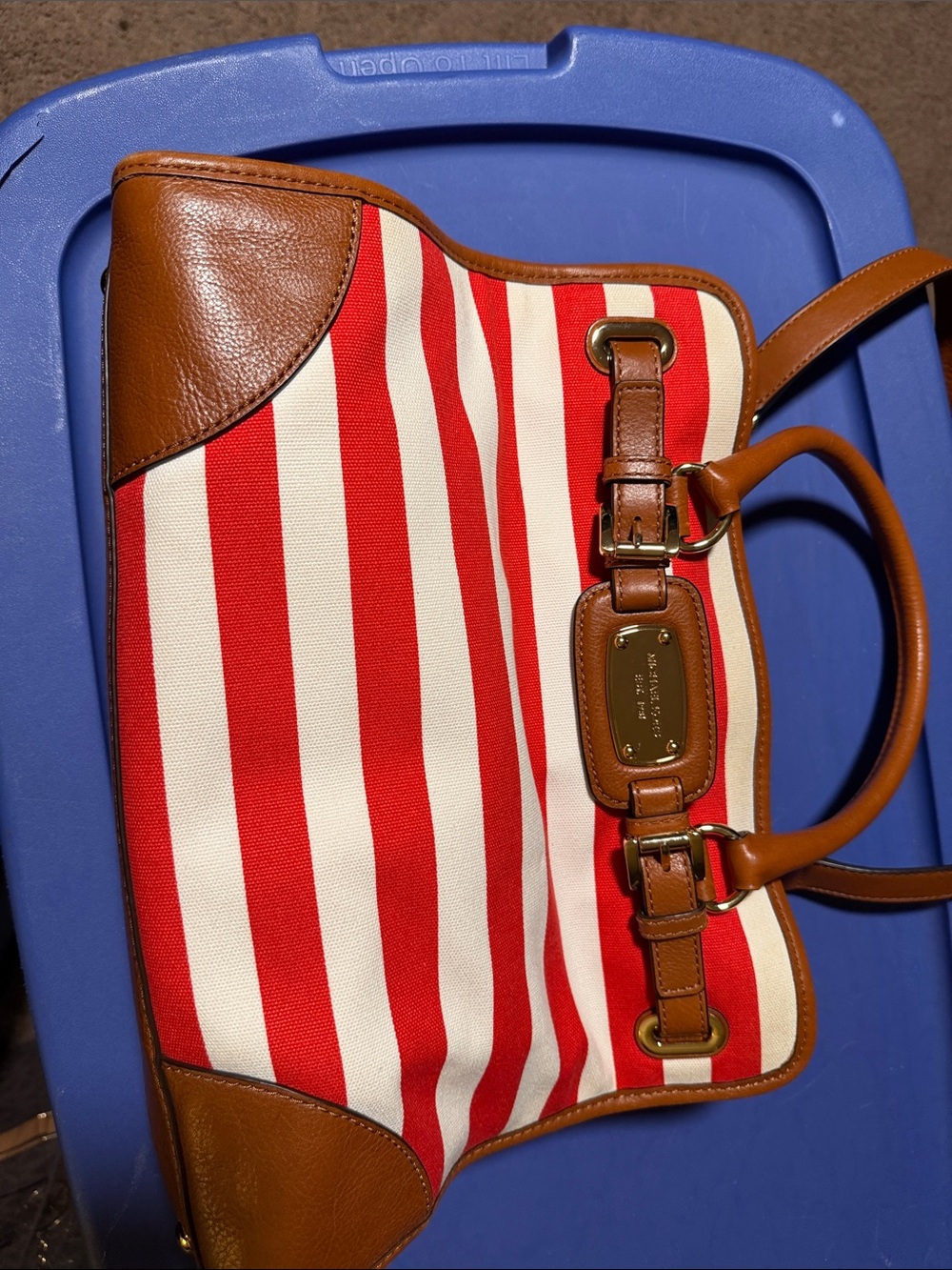 Michael Kors Red & White Stripe Canvas Tote with Brown Leather Trim
